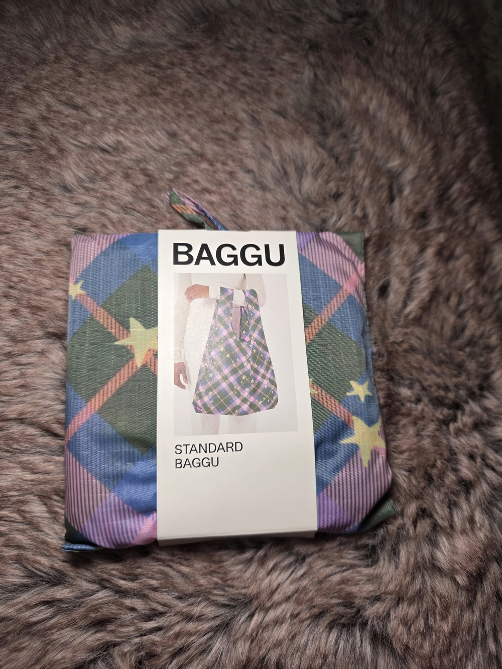 BAGGU reusable tote in plaid with star accents - green, blue, pink, yellow